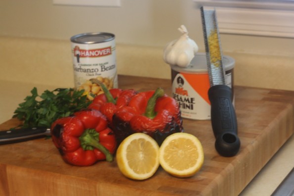 ingredients for roasted red pepper hummus