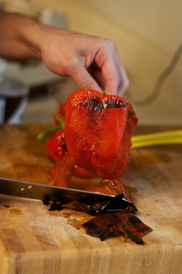 taking skin off roasted pepper