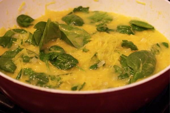 Saute it up with baby spinach, cheddar cheese, onions, and chicken broth.